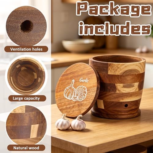 Mifoci Acacia Wood Garlic Keeper with Lid, Ventilated Garlic Storage Container for Countertop, Rustic Crafted Holder Container, Keeps Bulbs Dry, 5.6 x 5 x 5 Inch, Fits 4–5 Heads