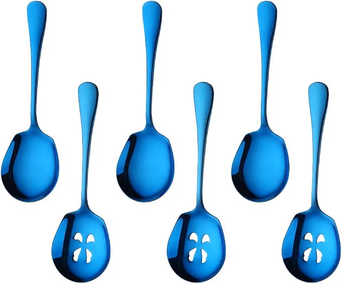 Meisha Serving Spoons Set, 3 Serving Spoons and 3 Slotted Serving Spoons, Blue Stainless Steel Serving Utensils for Buffet Can Banquet Cooking Kitchen - Mirror Polished