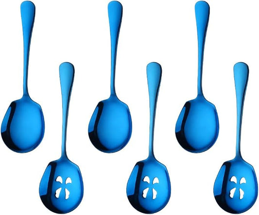 Meisha Serving Spoons Set, 3 Serving Spoons and 3 Slotted Serving Spoons, Blue Stainless Steel Serving Utensils for Buffet Can Banquet Cooking Kitchen - Mirror Polished