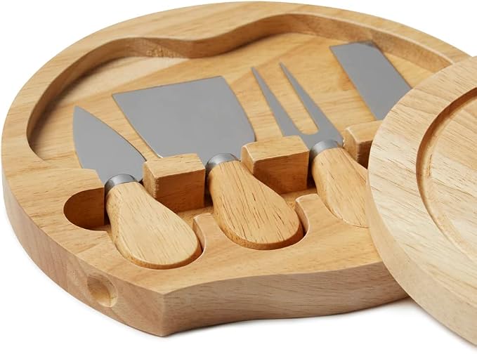 APOLLO THE HOUSEWARES BRAND Cheese Board Set - inc Hidden Knife Tray - Wooden Handle Knives & Fork - Quality Hevea Wood - Size 21x3.5cm, Multicolour (1974)