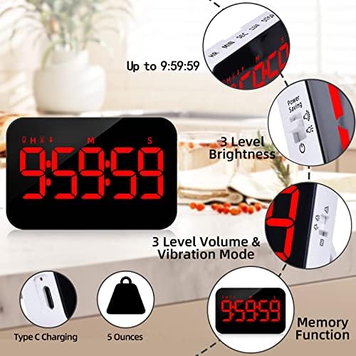 PERSUPER Digital Timer Kitchen Timer Count Down Up Rechargeable Kitchen Gadgets Vibration Mode Adjustable Volume and Brightness LED Display Time Management for Cook, Desk, Kids Adults Study Teaching