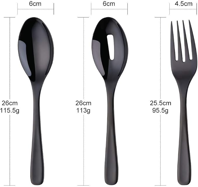Long Handle Serving Set, 10 inch Stainless Steel Polished Serving Spoon, Fork, Slotted Spoons, Set of 3 (Black)
