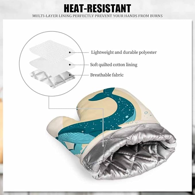 Mxocom Watercolor Whale Heat-Resistant Oven Mitts and Pot Holder Sea Theme Marine Life Coastal Modern Design Cool Ring Circle Kitchen Non-Slip Cooking Microwave Gloves for Cooking Baking Grilling