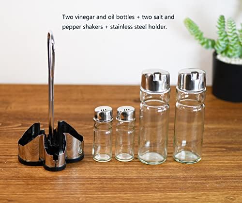 Salt and Pepper shakers, Oil and Vinegar Dispenser Set with Stainless Steel Holder (Salt & Pepper + Oil & Vinegar)