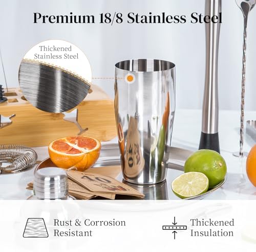 X Home Bartender Kit with Stand, Cocktail Shaker Set for Enthusiasts and Beginners | Includes Martini Shaker, Easy-to-Measure Jigger, Hawthorne Strainer, Mixing Spoon and More, Bartender Kit Gifts