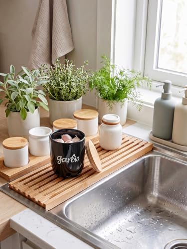Ceramic Garlic Keeper for Counter with Wood Lid (Black)