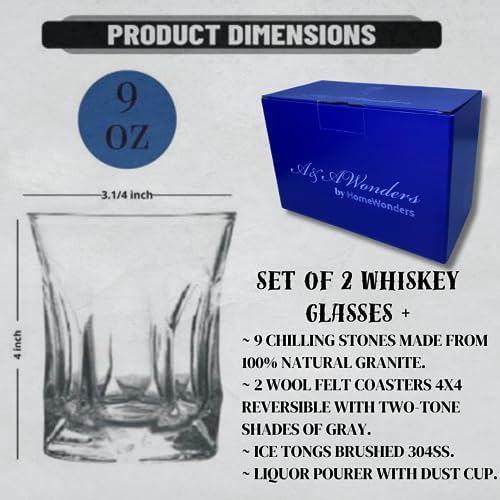 A&A Wonders Premium Whiskey Stones 100% Natural Granite Set of 9 Chilling Rocks Stone Reusable Ice Cubes for Drinks with Velvet Carrying Pouch, Gift for Whiskey Lovers (Crown)