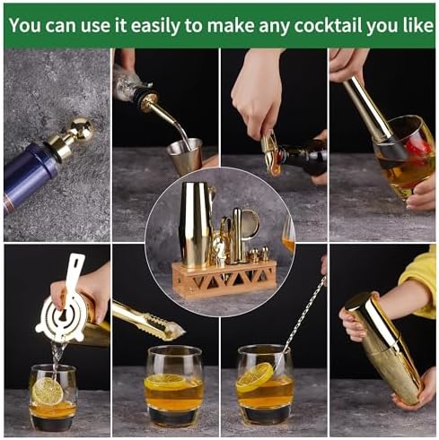 Cocktail Shaker Set, Boston Shaker Bartender Kit with Bamboo Stand,13 Piece Bar Set Stainless Steel Bar Accessories for Drink Mixing, Bar, Home, Party (Gold)