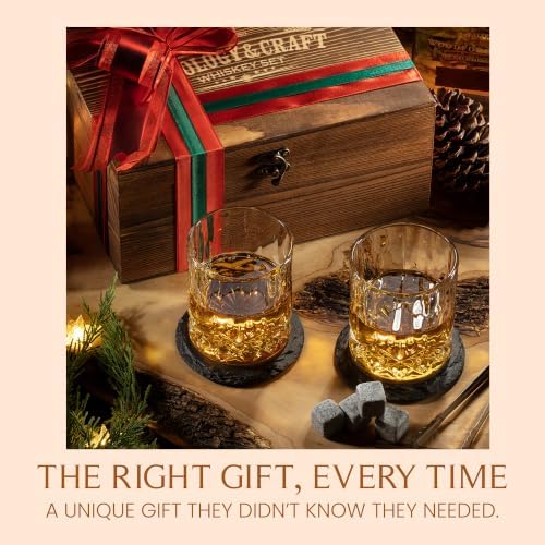 Mixology & Craft Whiskey Stones Gift Set: with Two 10oz Lead-Free Crystal Whiskey Glasses, 8 Whiskey Stones with Velvet Bag, 2 Slate Coasters & Recipe Cards in Wooden Crate | Great