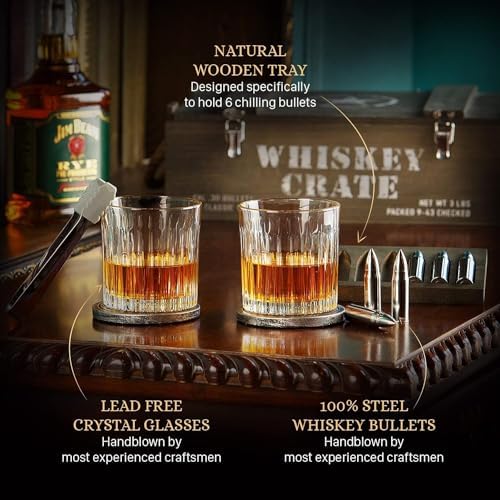 Bullet Whiskey Stones Gift Set for Men, Steel Rocks & Bourbon Glasses