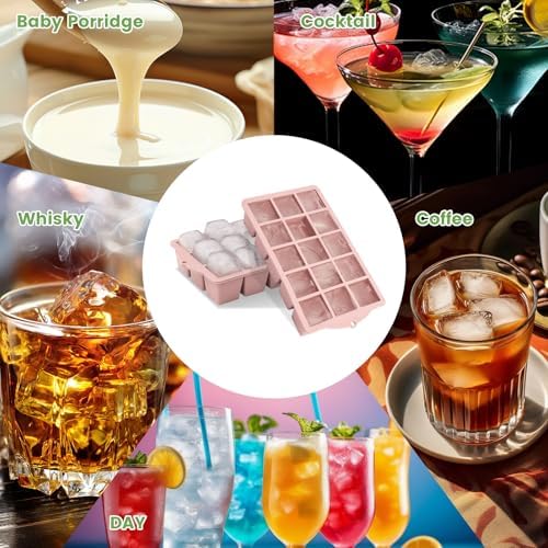FANYITY Silicone Ice Cube Tray with Lid, Pink, Pack of 2 Ice Cube Moulds, Silicone Mould, BPA-Free, Stackable Ice Cube Tray, Ice Cube Trays for Baby Porridge, Cocktail, Whiskey, Coffee