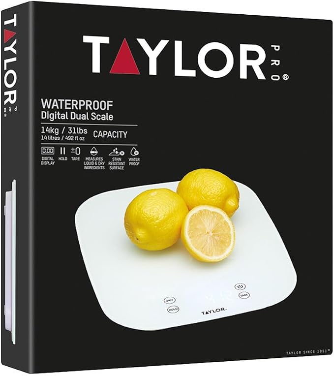 Taylor Pro Digital Kitchen Food Scales, Compact Professional Standard with Precision Accuracy and Waterproof Design with Tare Feature, White Glass, Weighs 14 kg/14 L Capacity