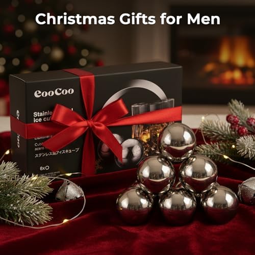 EooCoo Stocking Stuffers for Men, 6 Pack Reusable Whiskey Stones Set, Stainless Steel Ice Balls Kit for Drinking, Christmas Bourbon Whiskey Gifts for Husband, Boyfriend, Dad, Beer Lover