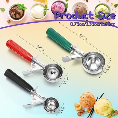 Reallnaive 3 Pcs Ice Cream Scooper with Trigger, 2.65+1.33+0.75oz, 3 Colors