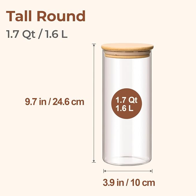 ComSaf Glass Storage Containers wtih Lids 1.7 Qt, 3 Pack Glass Storage Jars | Glass Containers with Bamboo lids, Glass Canisters 54oz, Kitchen Cabinet Storage, Tea, Spice, Coffee, Dry Food, BPA Free