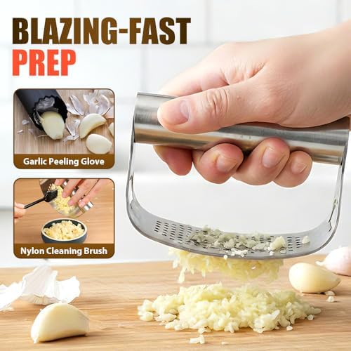 Garlic Press Rocker,Stainless Steel Garlic Presser,Crusher and Chopper,Kitchen Garlic Mincer Tool with Peeler & Cleaning Brush,For Extract Garlic Paste (1PC)