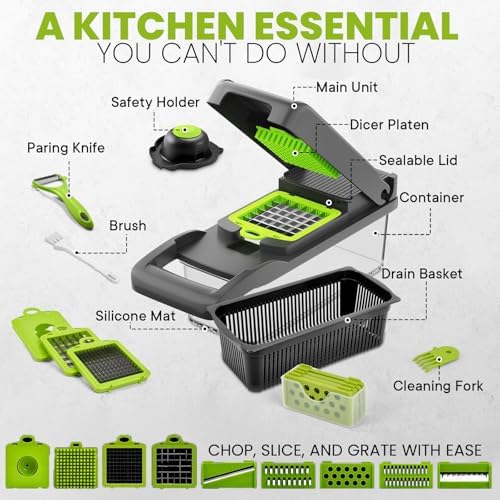16 in 1 Manual Vegetable Cutter, Vegetable Chopper, Onion Chopper, Fruits Slicer, Potatoes Peeler, Green, YDCF-001