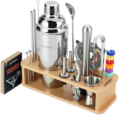 HMYBAR® 22-Piece Cocktail Shaker Set, Mixology Bartender Kit with 24oz Cobbler Shaker, Home Bar Tool Set with Natural Bamboo Stand, 39 Recipe Cards, Glass Markers, Gift for Men & Dad