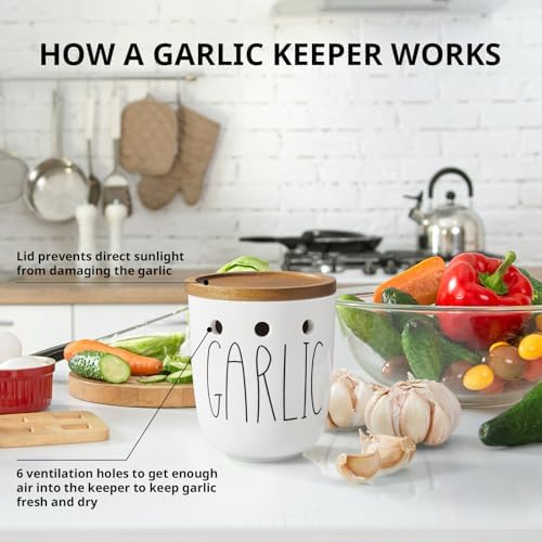 Ceramic Garlic Keeper for Counter, Garlic Holder with Acacia Wood Lid, Farmhouse Garlic Storage Container, Garlic Saver for Kitchen, White