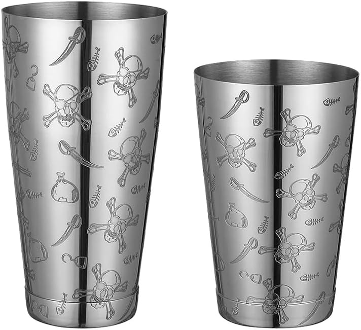 Stainless Steel Boston Shaker with Etched Pattern Weighted Shaking Tin Set (Skull)
