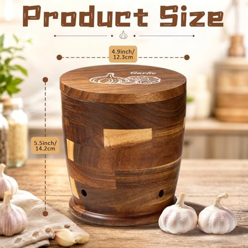 Mifoci Acacia Wood Garlic Keeper with Lid, Ventilated Garlic Storage Container for Countertop, Rustic Crafted Holder Container, Keeps Bulbs Dry, 5.6 x 5 x 5 Inch, Fits 4–5 Heads