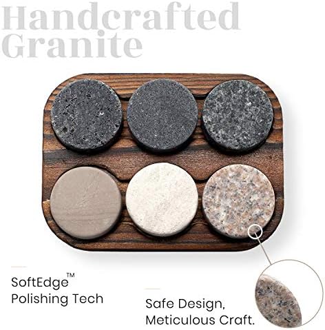 Whiskey Chilling Stones - Set of 6 Handcrafted Premium Granite Round Sipping Rocks - Hardwood Presentation & Storage Tray by R.O.C.K.S.