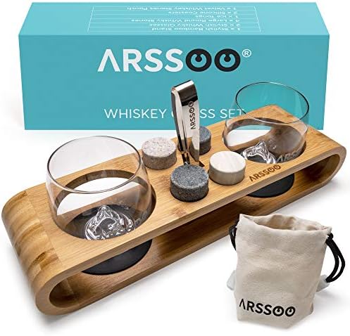 Whiskey Glass & Whiskey Stones Gift Set – 2 10Oz Scotch Bourbon Glasses, 4 Round Chilling Stones, 1 Ice Tong, 2 Coasters, Bamboo Stand & Velvet Bag – Unique Father's Day Birthday Gift for Men