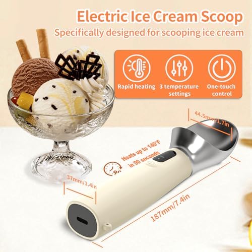 Heated Ice Cream Scoop Rechargeable, IP67 Waterproof Electric Warming Ice Cream Scooper with LED Display, Heats to 70°C for Hard Ice Cream, Easy for Seniors & Kids (Beige)