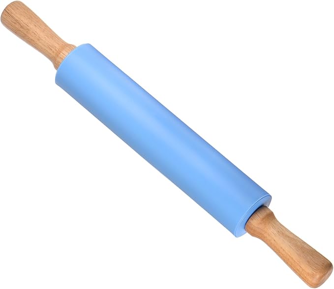 Silicone Rolling Pins, 17" Length, Silicone & Oak Non-Stick Ergonomic Wooden Handle Fondant Dough Roller Blue - (Applications: for Baking DIY Projects)