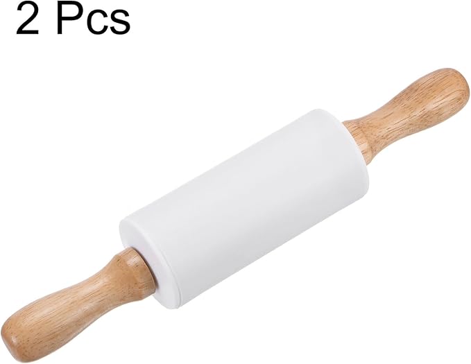 HARFINGTON 2pcs Silicone Rolling Pins for Baking 9.25 Inch Non-Stick Silicone Surface Wooden Handle Rolling Pin Small Roller Playdough Rolling Pins for Fondant Kitchen Dough Pizza, White