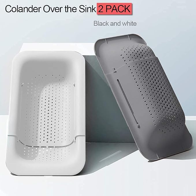 Collapsible Sink Colanders and Strainers Basket Extendable Plastic Fruit Vegetable Strainer Drainer Basket for Kitchen (Length 14.3 inch-19.4 inch) (Grey and white) 6 * 10