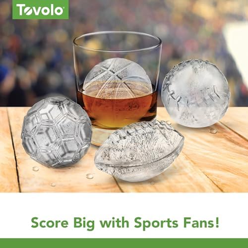 Tovolo Sports Ice Mold Bundle Set of 4 Football Baseball Basketball Soccer Ball Large Craft Ice Cubes for Whiskey Cocktails with Silicone Lids, Easy Fill Craft Ice Mold for Sports Fans