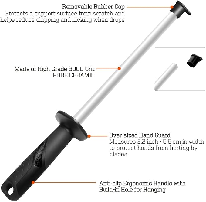 SHARPAL 118N Professional Ceramic Sharpening Rod | Fine Honing, Steel Kitchen Knife Sharpener Stick, Anti-Breaking Cap