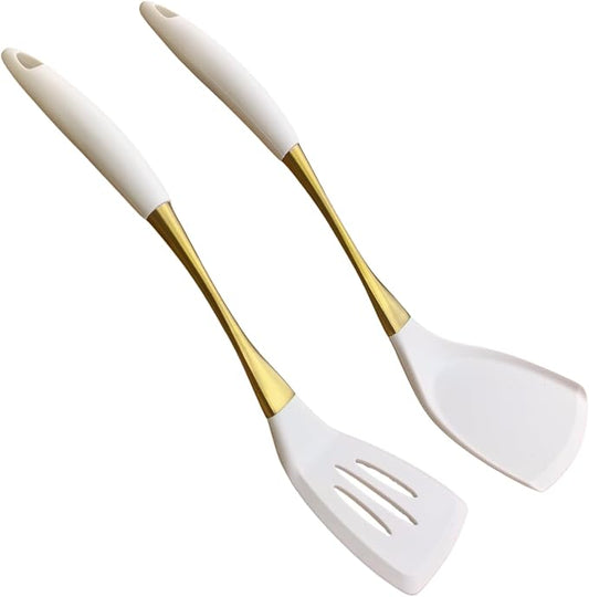 Heat-Resistant Kitchen Spatula Set – Non-Toxic Cooking Utensils with Solid & Slotted Designs –Food Grade Silicone and Gold-Plated Stainless Steel Handles –Ideal for Nonstick Cookware, Gold