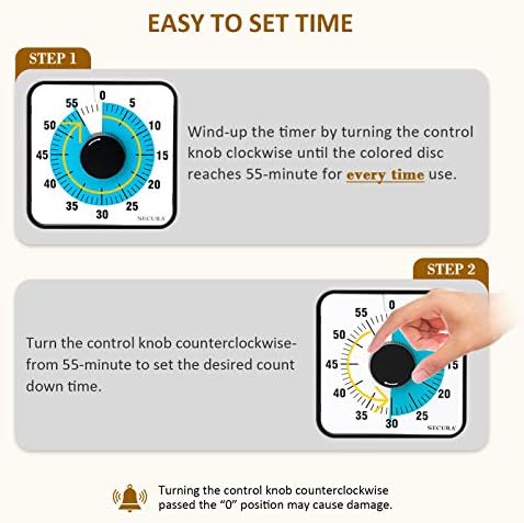 Secura 60-Minute Visual Countdown Timer, 7.5-Inch Oversize Classroom Visual Timer for Kids and Adults, Durable Mechanical Kitchen Timer Clock with Magnetic Backing (Blue)
