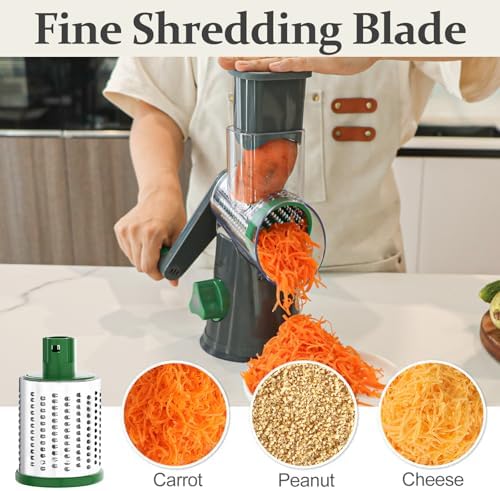 Cambom Rotary Cheese Grater Hand Crank Cheese Shredder for Fresh Cheese, Vegetable, Nuts,Non-slip Suction Base, Three Blades, Gray Green