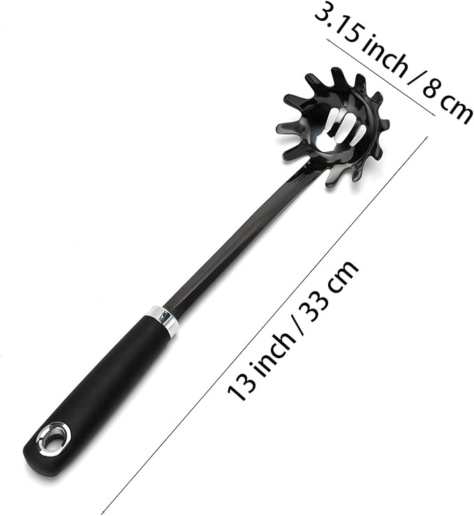 Black Stainless Steel Pasta Spoon, Spaghetti Server with Teeth, Metal Pasta Fork for Noodles, Linguine, Fettuccine and Macaroni, Dishwasher Safe