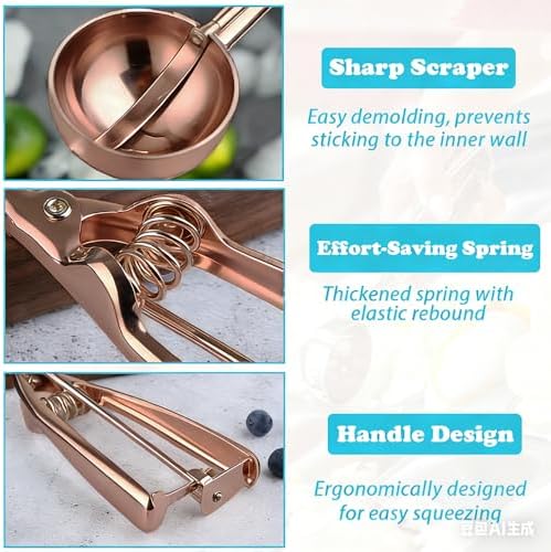 Gold Ice Cream Scoop Stainless Steel Cookie Scoops for Baking Melon Baller with Trigger 3 Sizes (Rose Gold, L)