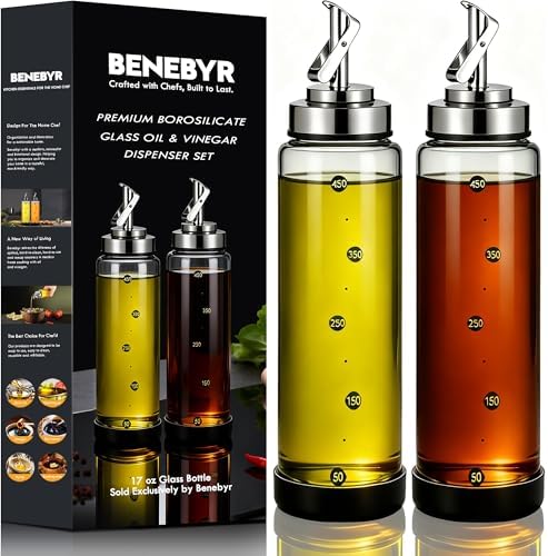 Glass Olive Oil Dispenser Bottle for Kitchen Shatterproof & Leakproof Oil and Vinegar Dispenser Set with Stainless Steel Spout & Rubber Bottom 17 oz Olive Oil Bottle for Cooking, Set of 2