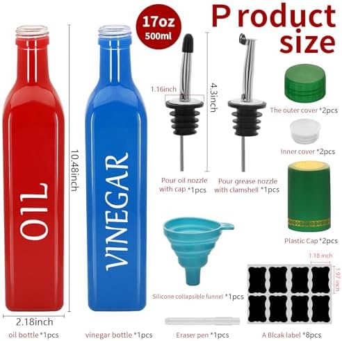 Olive Oil Dispenser Bottle,2 Pcs 17oz 500ml Glass O il and Vinegar Dispenser Set with 2 Stainless Steel Pourers, 8 Labels,Funnel Vinegar Bottles for Kitchen (Red Oil & Blue Vinegar)