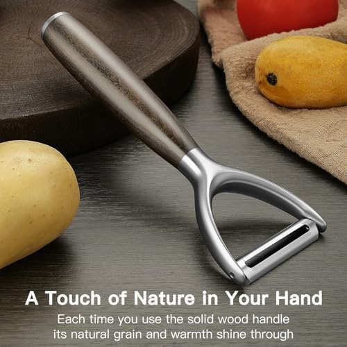 JUSEEPO Premium Vegetable Peeler, Y Type Swivel 304 Stainless Steel Blade Comfortable Solid Wood Handle, Practical gift for the home kitchen mom grandma for Veggie, Fruit, Potato(Exotic Ebony)