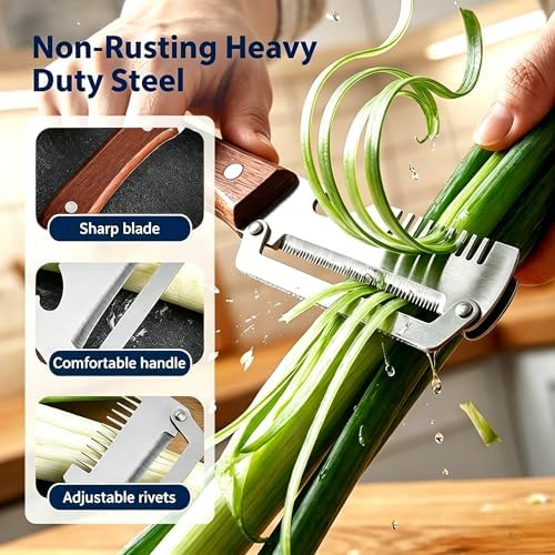 Upgraded 3-in-1 Vegetable Peeler, Wooden Handle Stainless Steel Kitchen Peeler with Julienne Slicer and Bottle Opener, Multi-Functional Fruit Potato Veggie Kitchen Gadget (Left-Handed 2)