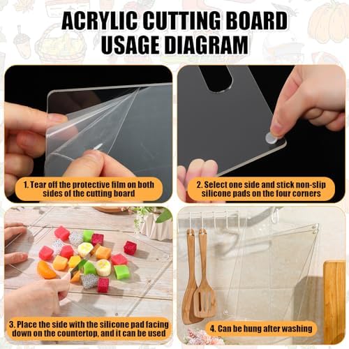Ziliny 3 Pcs Clear Acrylic Cutting Boards for Kitchen Counter Chopping Boards with Easy Grip Handle Non Slip Clear Cutting Board for Countertop with Anti Slip Rubber Feet for Countertop Home Protector