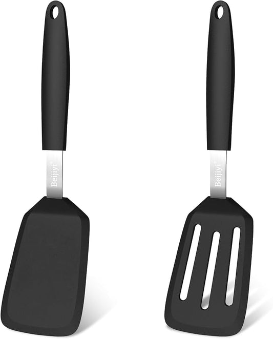Beijiyi 2 Pack Silicone Spatula Set, Heat Resistant, for Nonstick Cookware | Flipping & Cooking, BPA Free, Flexible, Solid & Slotted Turner, Non-Toxic Kitchen Utensils, Non Scratch, Dishwasher Safe