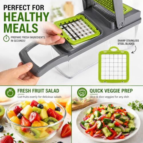16-in-1 Vegetable Chopper with Container, 8-Blade Food Chopper, Onion Chopper, Veggie Cutter & Mandoline Slicer, BPA-Free Kitchen Gadget