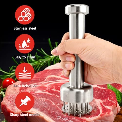 Pack of 3 Meat Tenderizer Tool with Meat Tenderizer Mallet and Cleaning brush, with 21 Needles & Retractable Safety Guard, Suitable for Tenderizing Beef, Turkey, Chicken, Steak(silver)