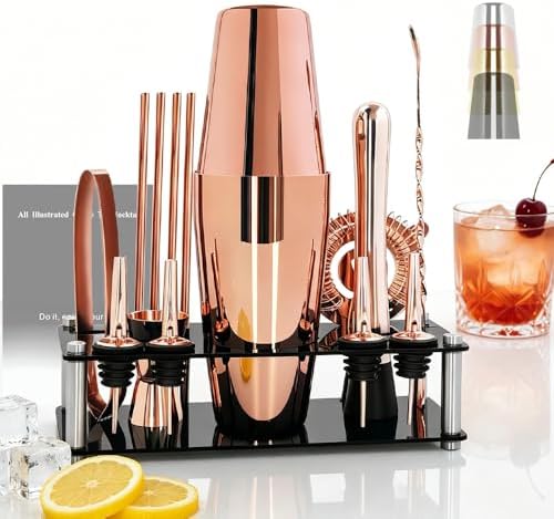 Professional Cocktail Shaker Set with Stand Cocktail Recipes, 15-Piece 750/600ml Bartender Kit, Bar Sets Bartending Kit Bar Tool Set 25/20oz Boston Shakers, Jigger, Muddler (Rose Gold)