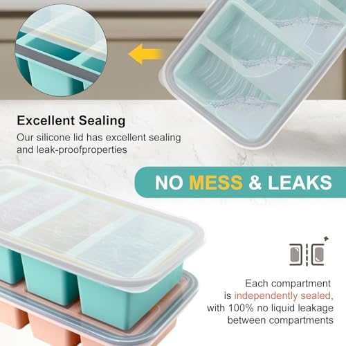 RAYBIN 1 Cup Silicone Freezer Molds with Lid, 2-Pack Soup Ice Cube Trays