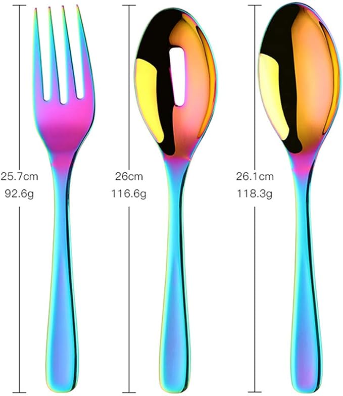 Long Handle Serving Set, 10 inch Stainless Steel Polished Serving Spoon, Fork, Slotted Spoons, Set of 3 (Rainbow)