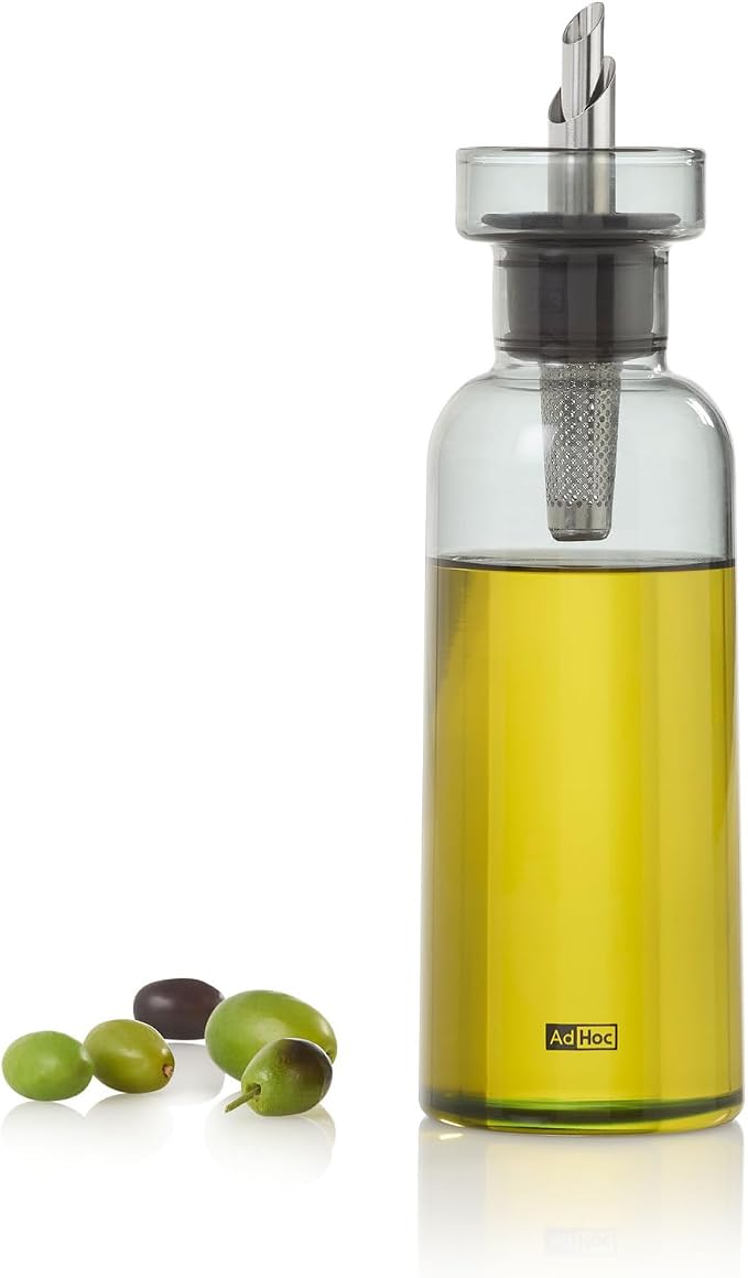 AdHoc AromaPour Grey Glass Oil and Vinegar Bottle, 300ml Filtered Non-Drip Dispenser for Oil and Vinegar, Dishwasher Safe,